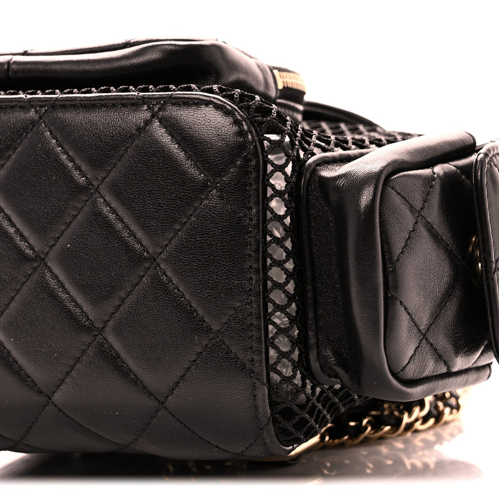 Chanel Shiny Lambskin Mesh Quilted Small Cargo Duma Drawstring Backpack Black