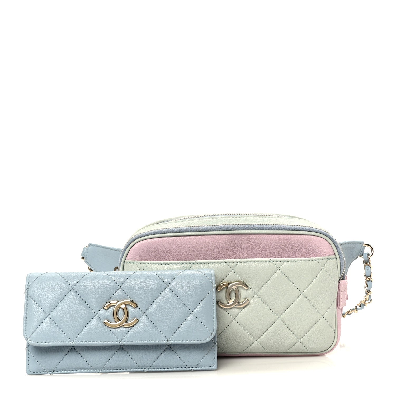 Chanel Goatskin Quilted Tri-Color In & Out Waist Bag Green Blue Pink