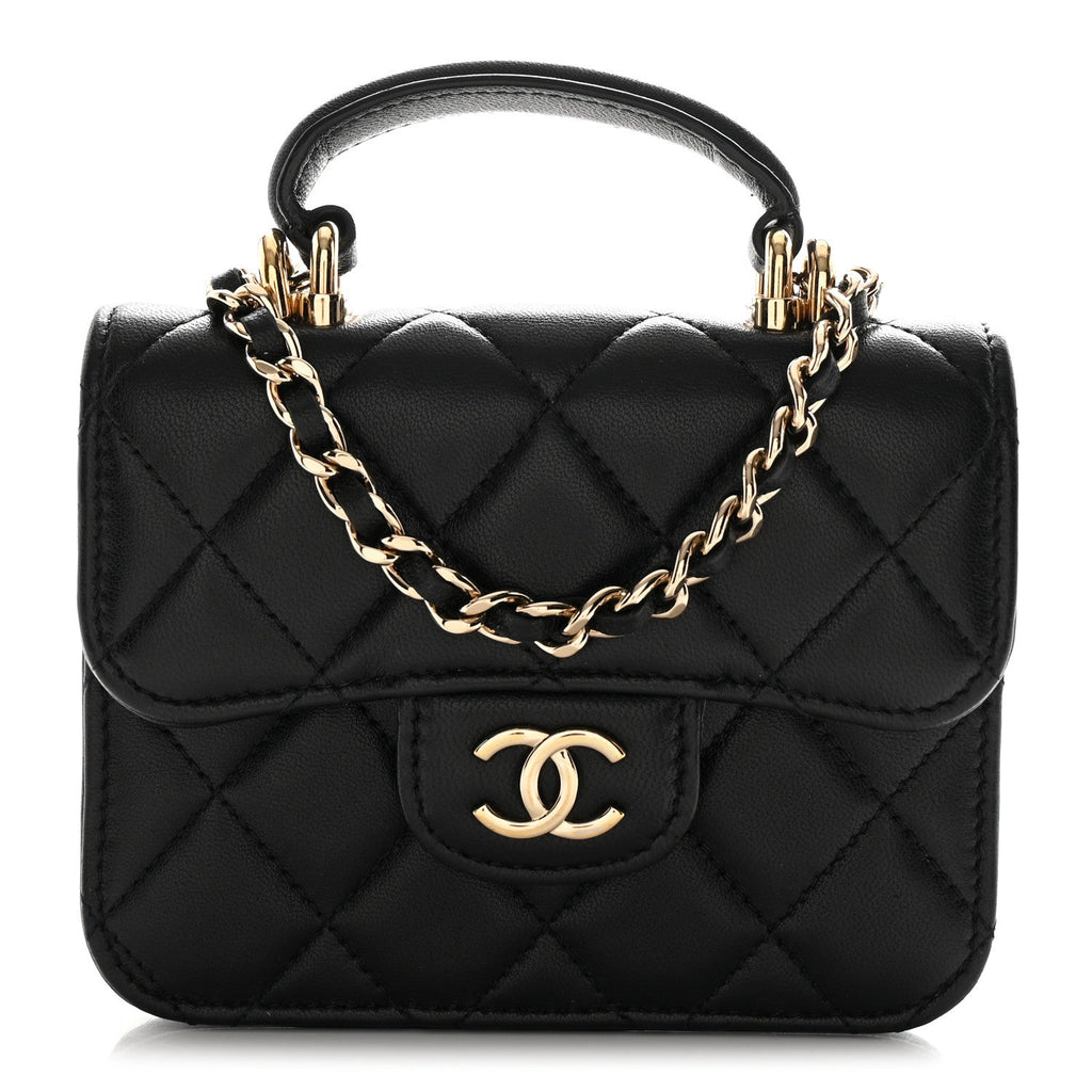 Chanel Lambskin Quilted Top Handle Flap Coin Purse With Chain Black