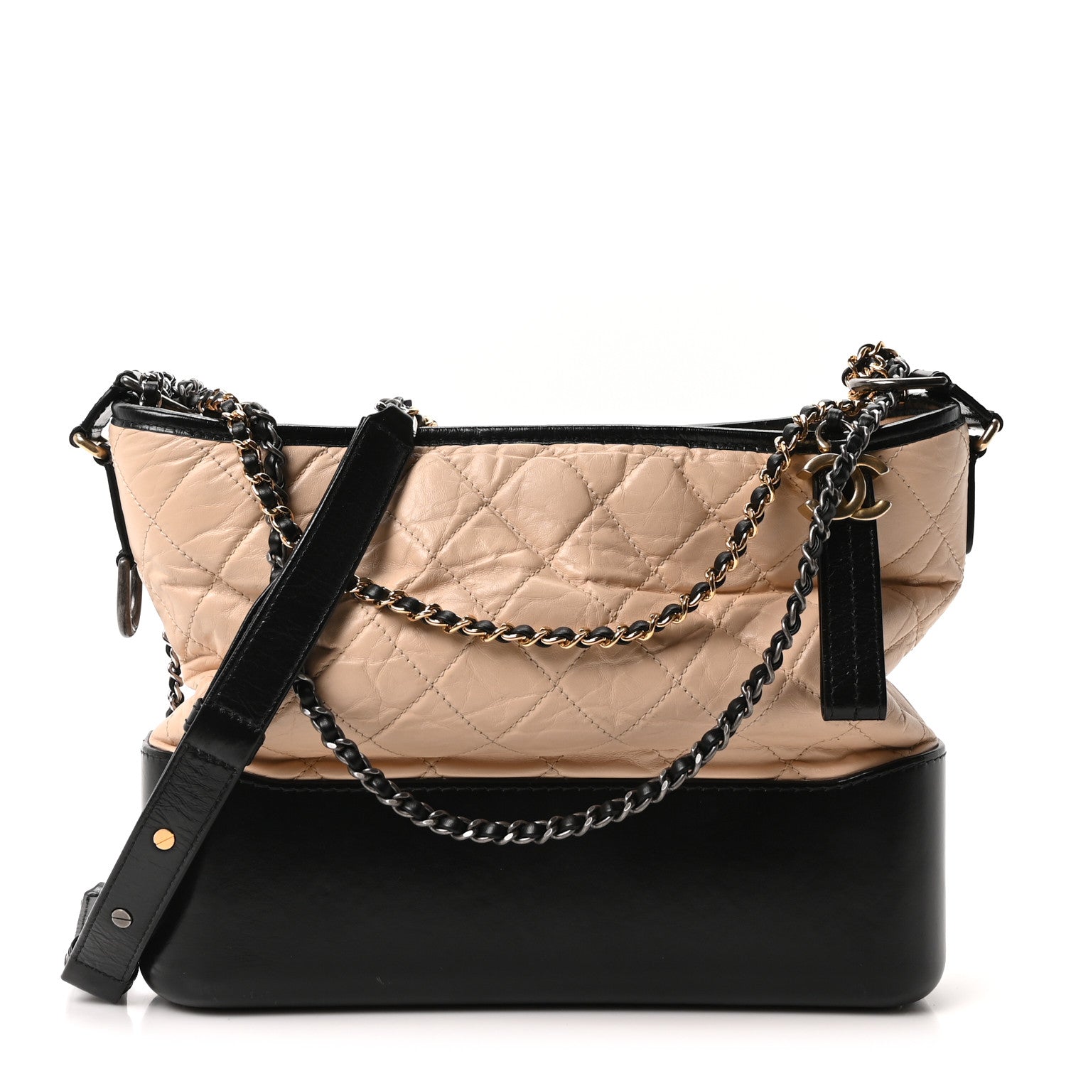Chanel Aged Calfskin Quilted Medium Gabrielle Hobo Beige Black