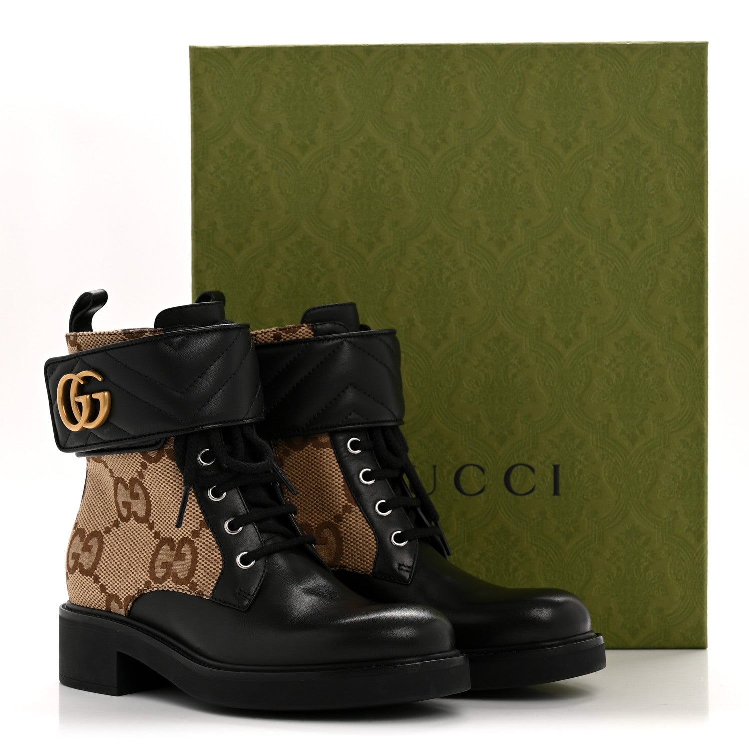 Gucci Flores Calfskin Monogram Maxi GG Nappa Matelasse Double G 40mm Ankle Boots 36.5 Black Camel Ebony