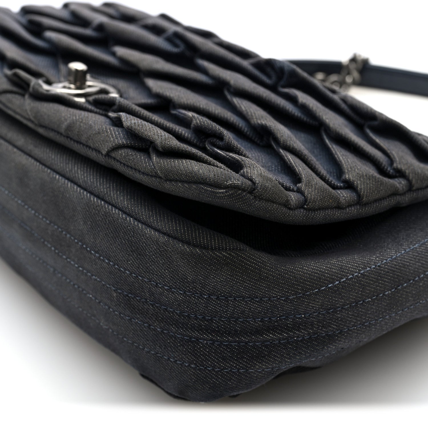 Chanel Denim Pleated Denim Turtle Flap Dark Blue