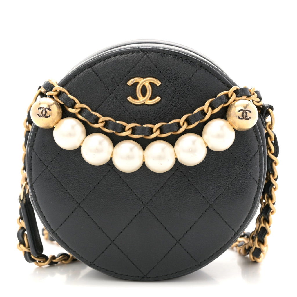 Chanel Goatskin Quilted Chic Pearls Chain Round Clutch With Chain Black