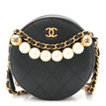 Chanel Goatskin Quilted Chic Pearls Chain Round Clutch With Chain Black