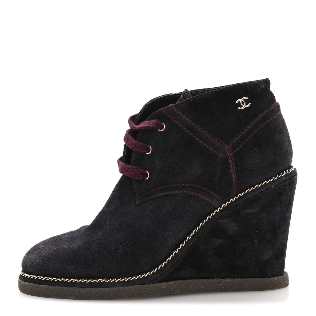 Chanel Suede Lace Up Wedge Booties 37 Dark Blue