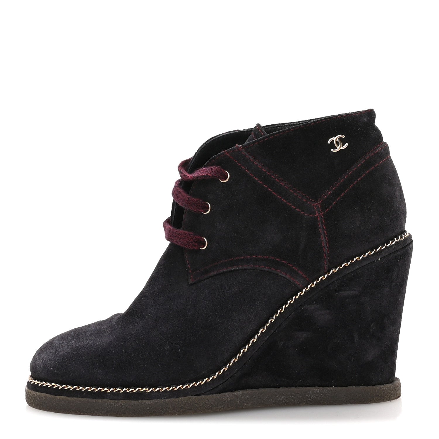 Chanel Suede Lace Up Wedge Booties 37 Dark Blue