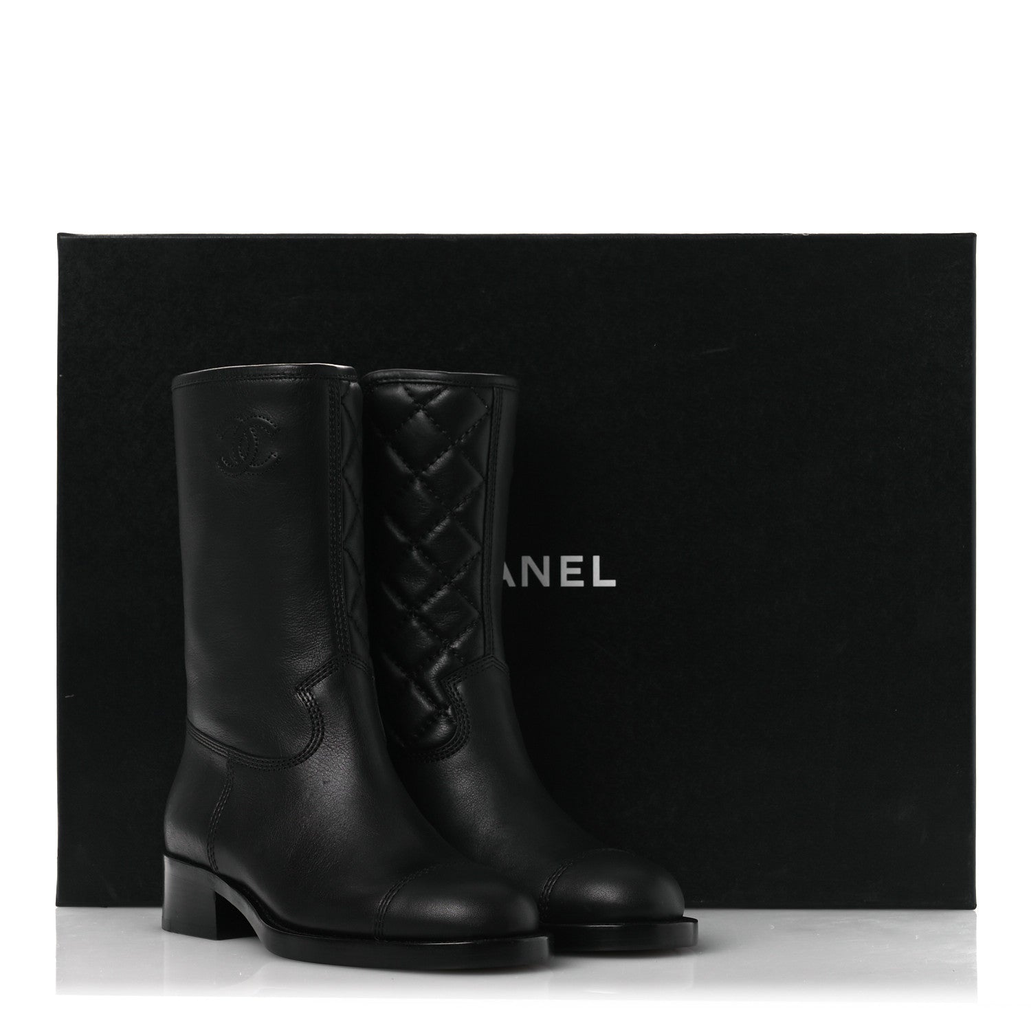 Calfskin Quilted CC Logo Mid Calf Boots 35 Black
