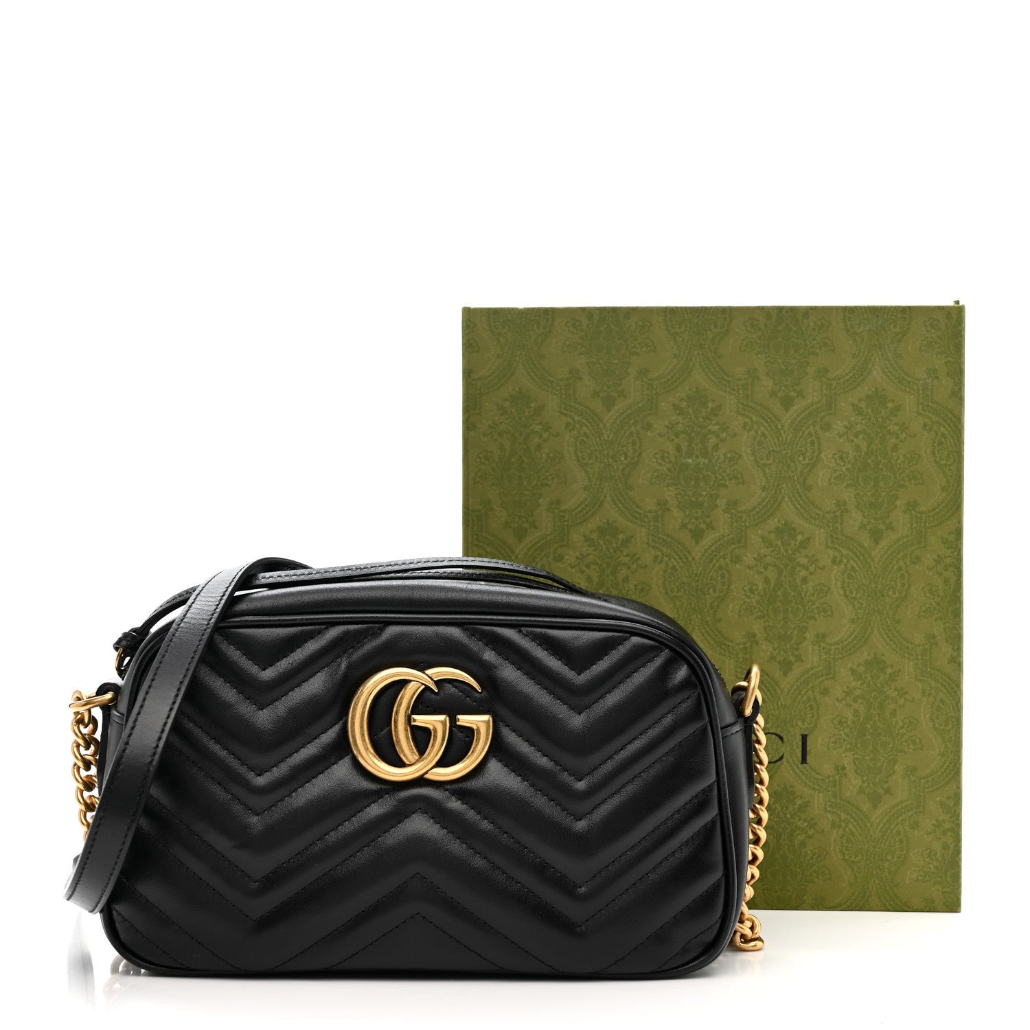 Gucci Calfskin Matelasse Small GG Marmont Chain Shoulder Bag Black