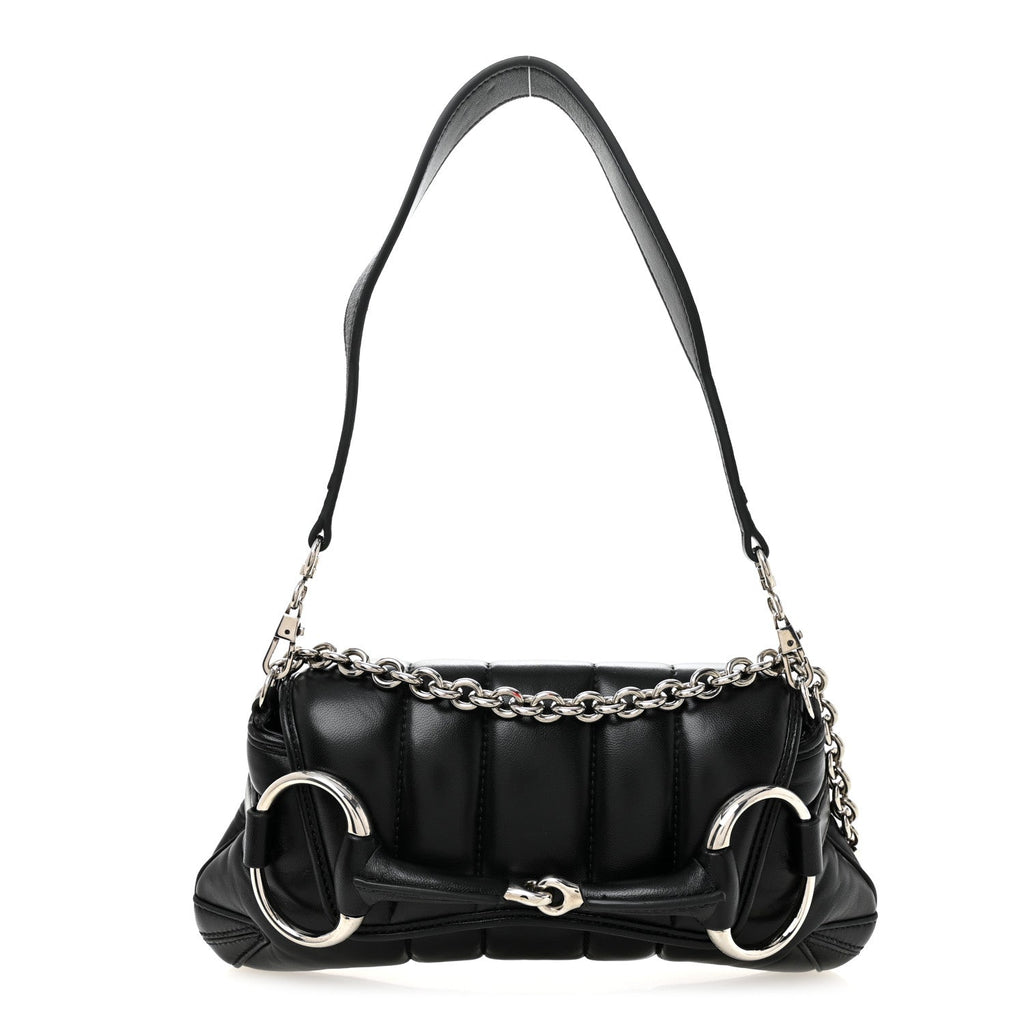 Gucci Nappa Vertical Matelasse Small Maxi Horsebit Chain Shoulder Bag Black