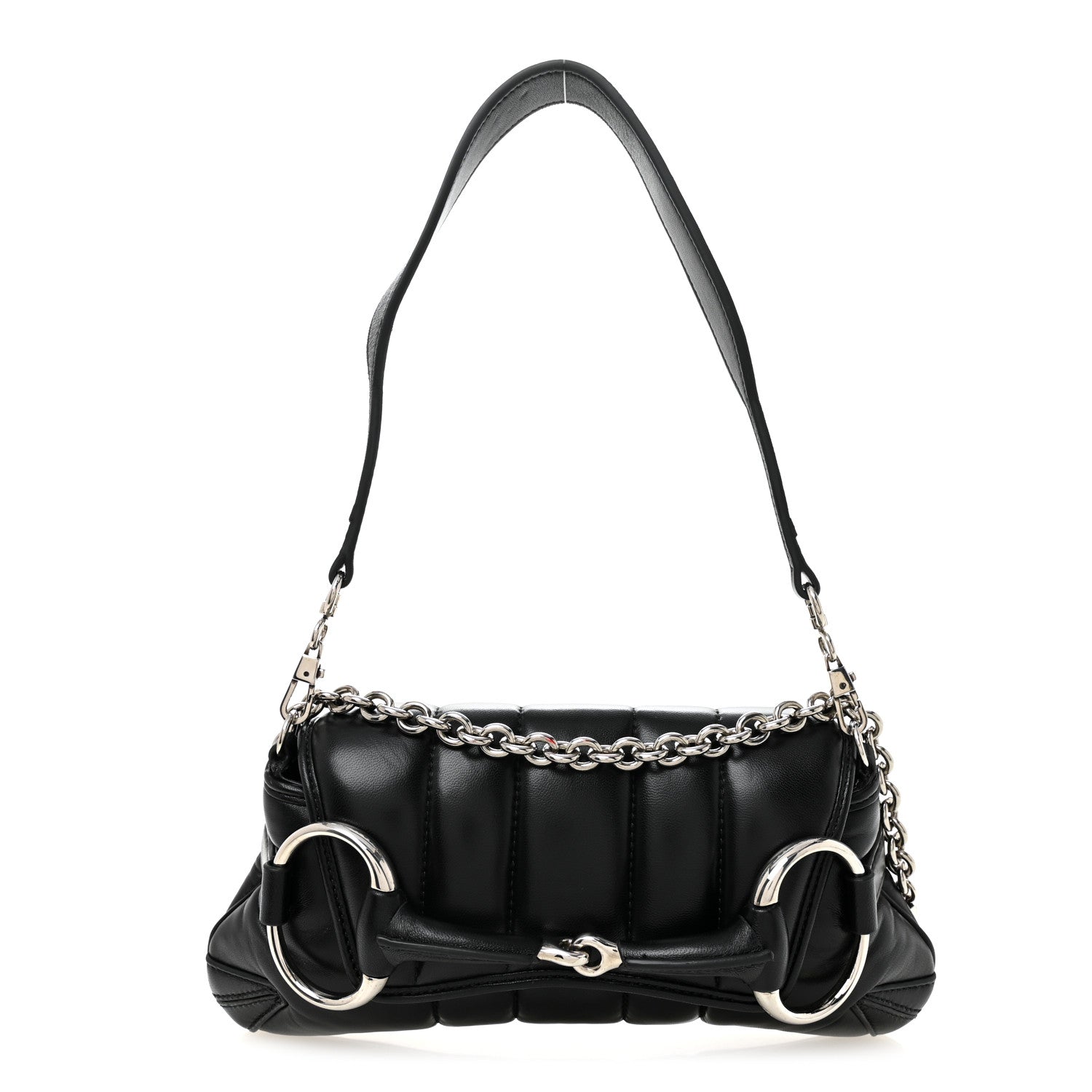 Gucci Nappa Vertical Matelasse Small Maxi Horsebit Chain Shoulder Bag Black