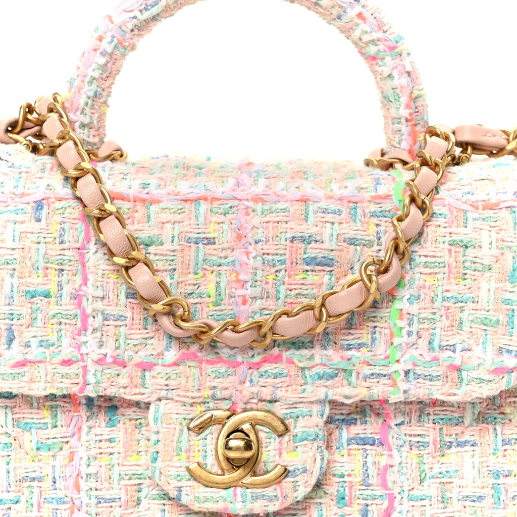 Chanel Tweed Quilted Baywatch Top Handle Flap Light Pink Green Orange Purple