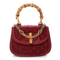 Gucci Moire Fabric Calfskin Rhinestone Monogram Monochrome Lizard Embossed Mini Bamboo 1947 Top Handle Chain Bag Red