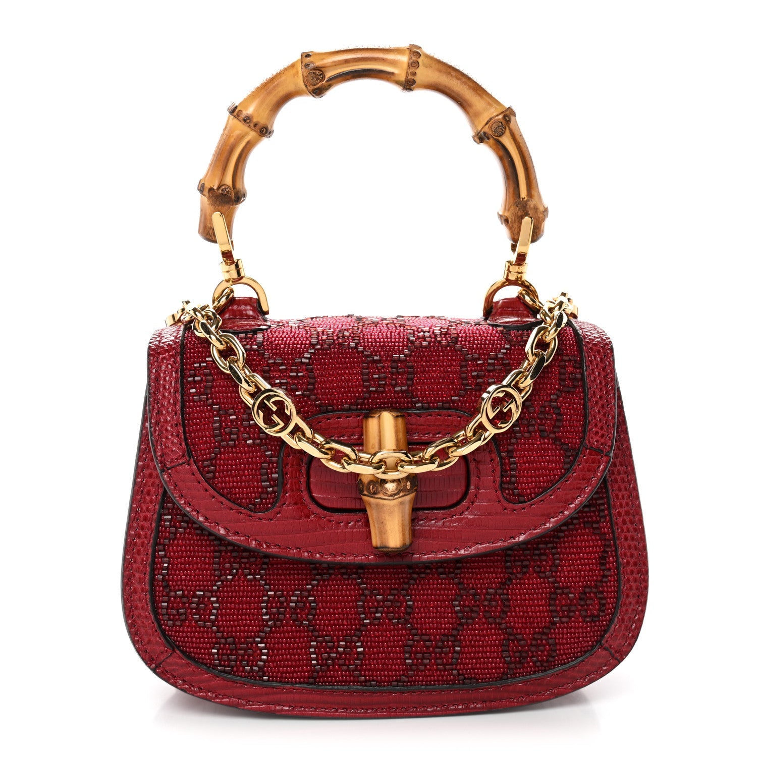 Gucci Moire Fabric Calfskin Rhinestone Monogram Monochrome Lizard Embossed Mini Bamboo 1947 Top Handle Chain Bag Red