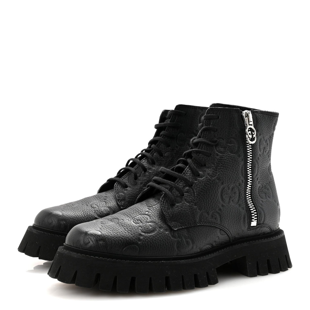 Gucci Calfskin Embossed Monogram Mens Lace Up Ankle Boots 7 Black