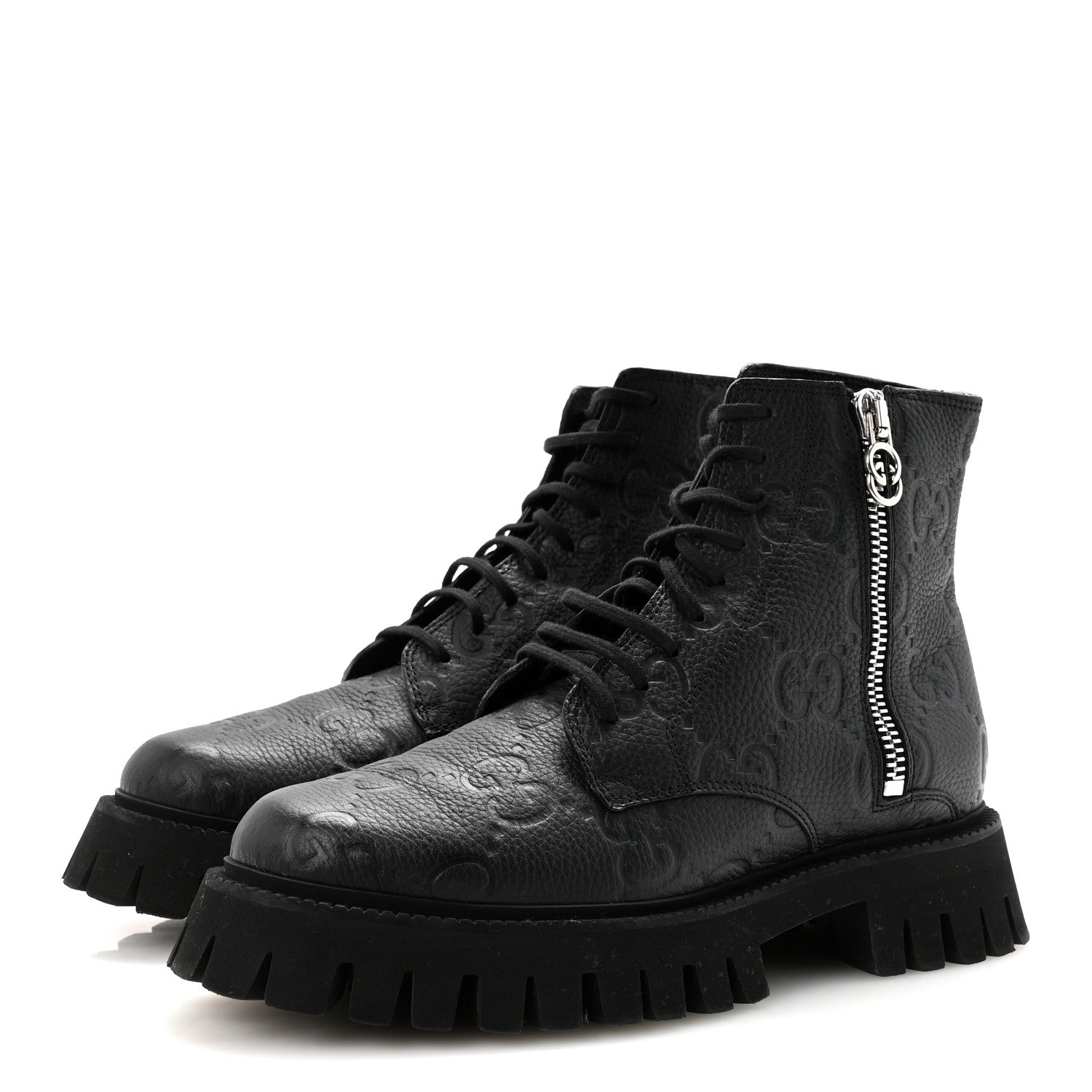 Gucci Calfskin Embossed Monogram Mens Lace Up Ankle Boots 7 Black