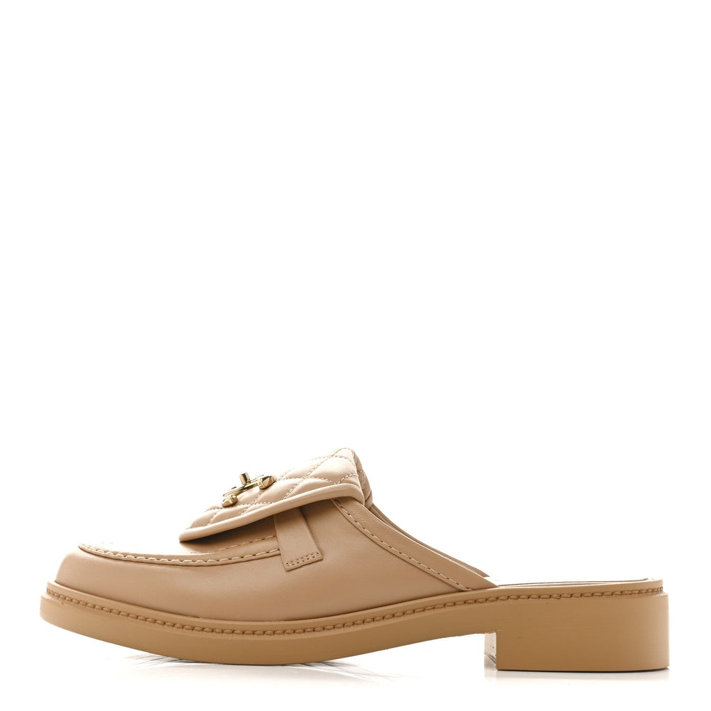 Lambskin Quilted CC Turnlock Mules 37.5 Light Beige