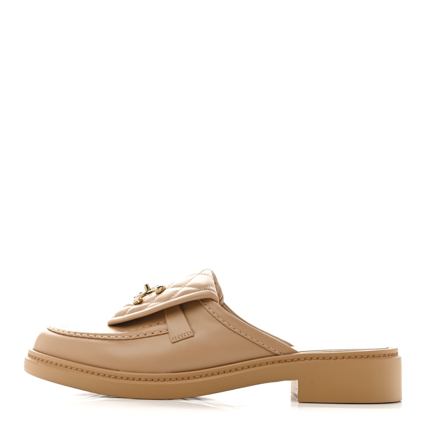 Lambskin Quilted CC Turnlock Mules 37.5 Light Beige