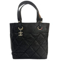 CHANEL Paris Biarritz Tote Black Coated Canvas Leather Small Tote Bag Black