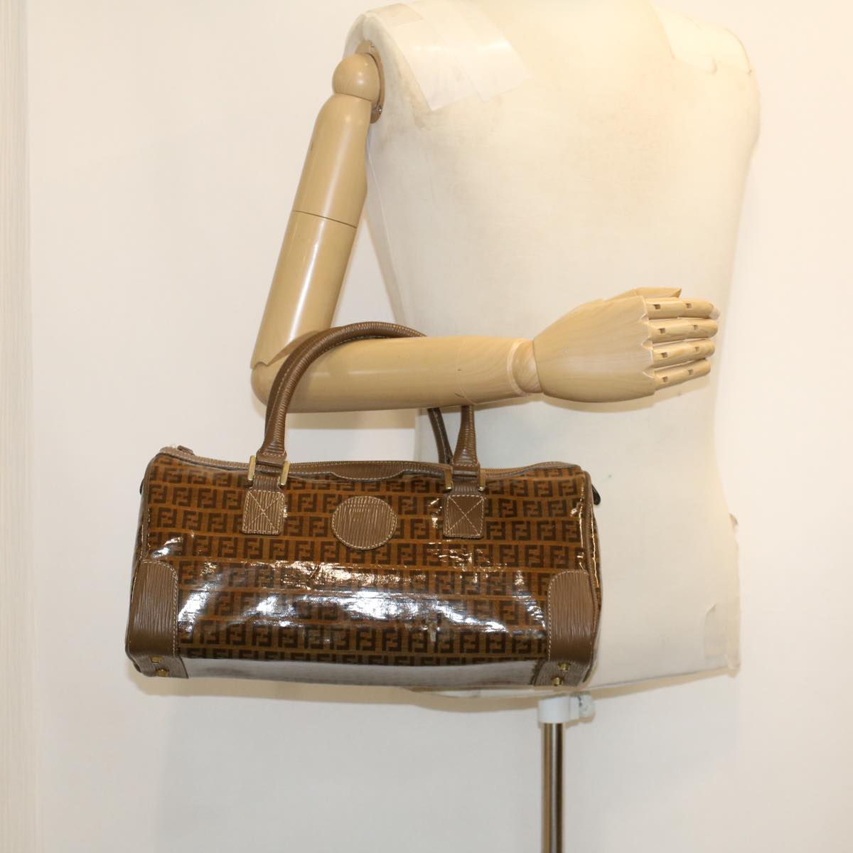 FENDI Zucchino Canvas Hand Bag Enamel Brown  cl569