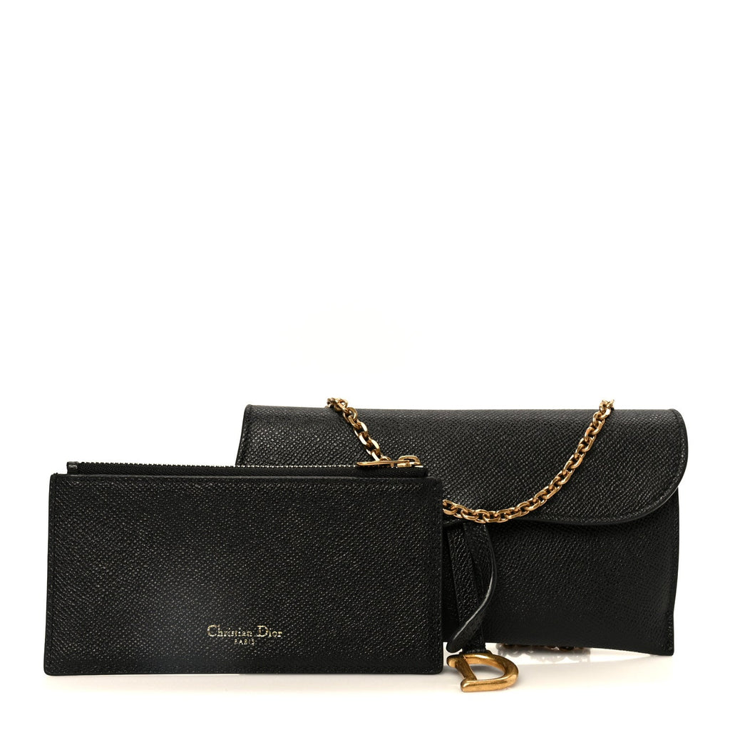 Christian Dior Grained Calfskin Saddle Chain Wallet Pouch Black