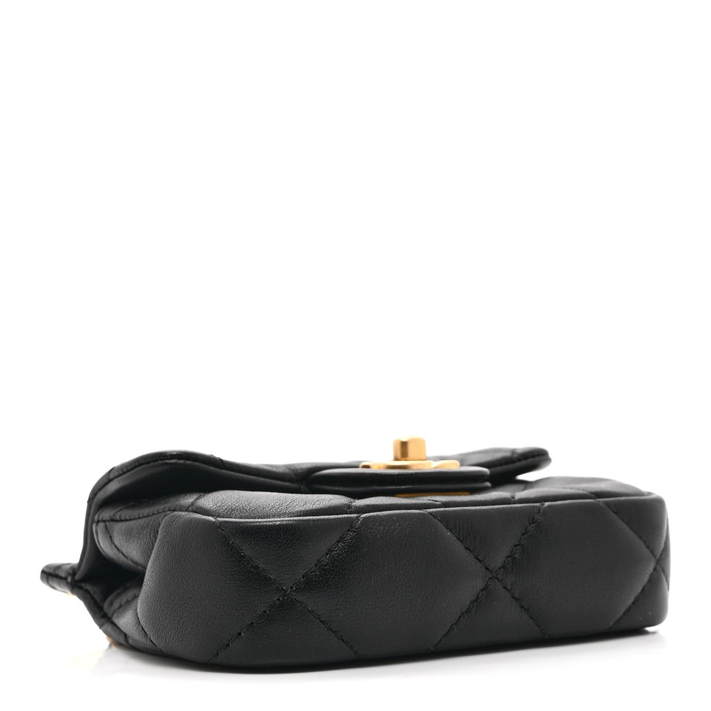 Chanel Calfskin Quilted Lady Handle Flap Card Holder With Chain Black
