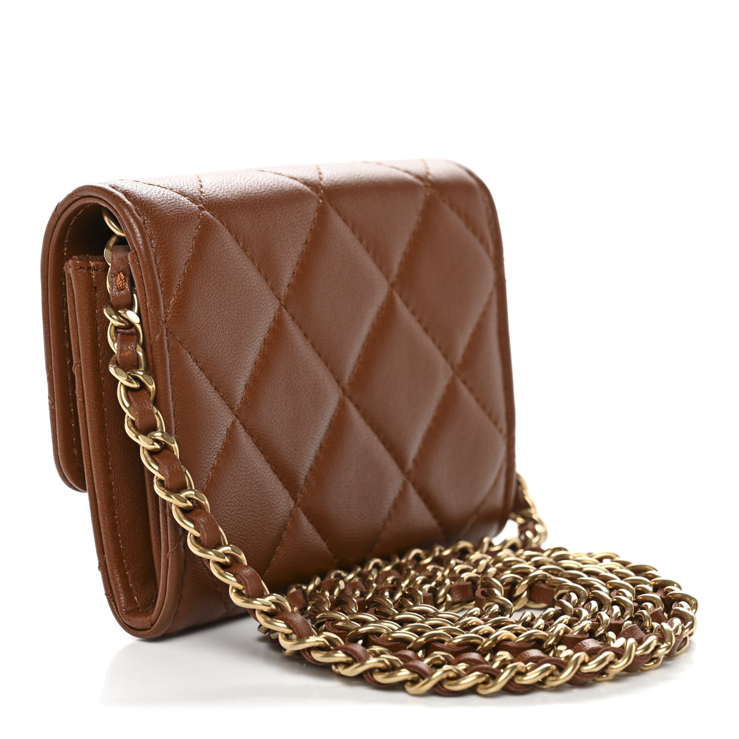 Chanel Lambskin Quilted Studded CC Clutch With Chain Brown