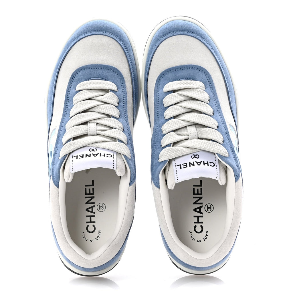 Chanel Suede Kidskin Womens CC Sneakers 39 White Blue