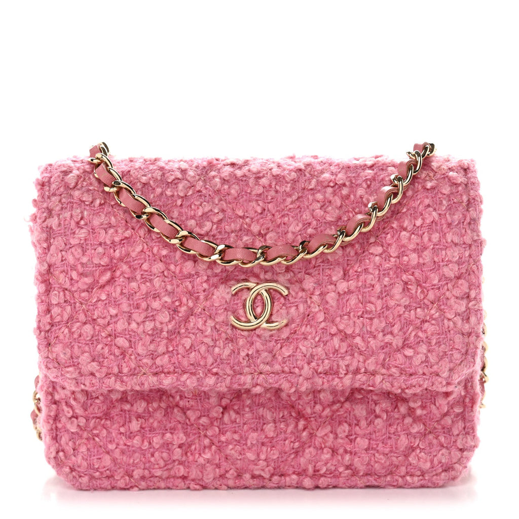 Chanel Tweed Quilted Flap Chain Waist Bag Pink
