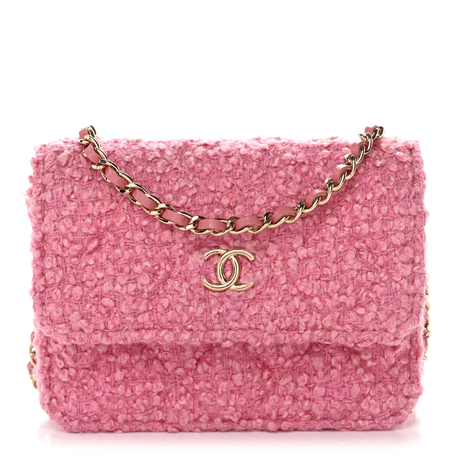 Chanel Tweed Quilted Flap Chain Waist Bag Pink