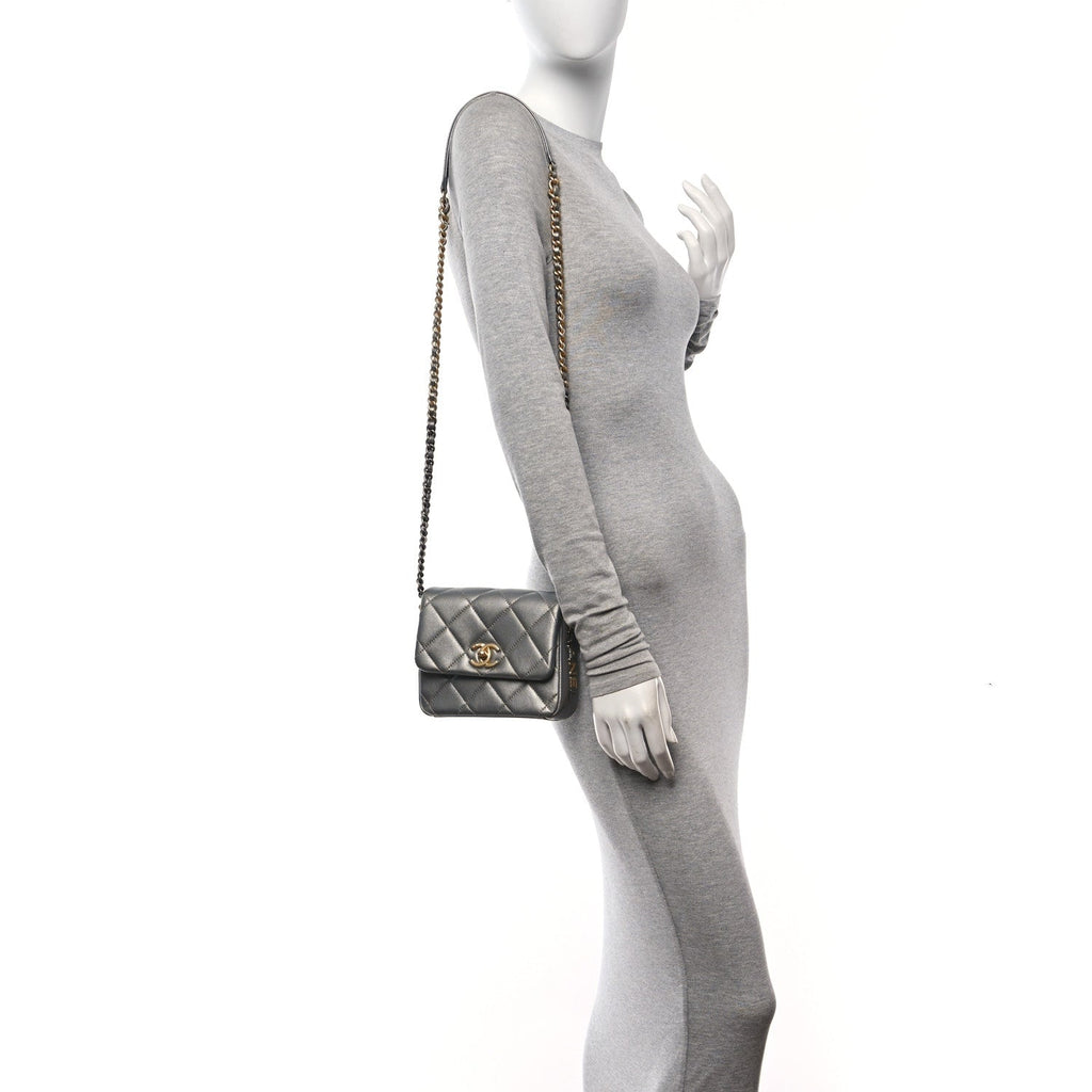 Chanel Metallic Lambskin Quilted Mini Side Note Flap Grey
