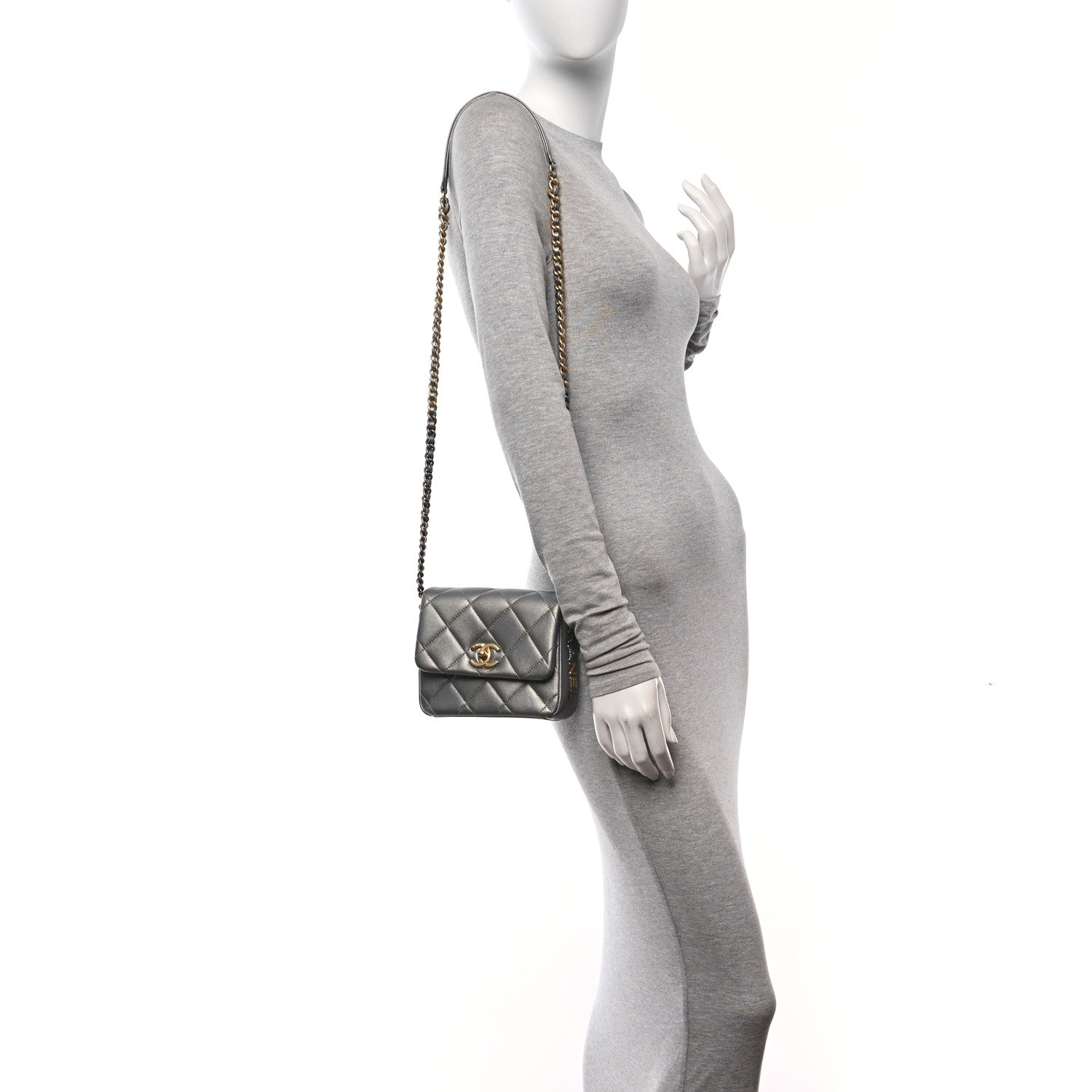 Chanel Metallic Lambskin Quilted Mini Side Note Flap Grey
