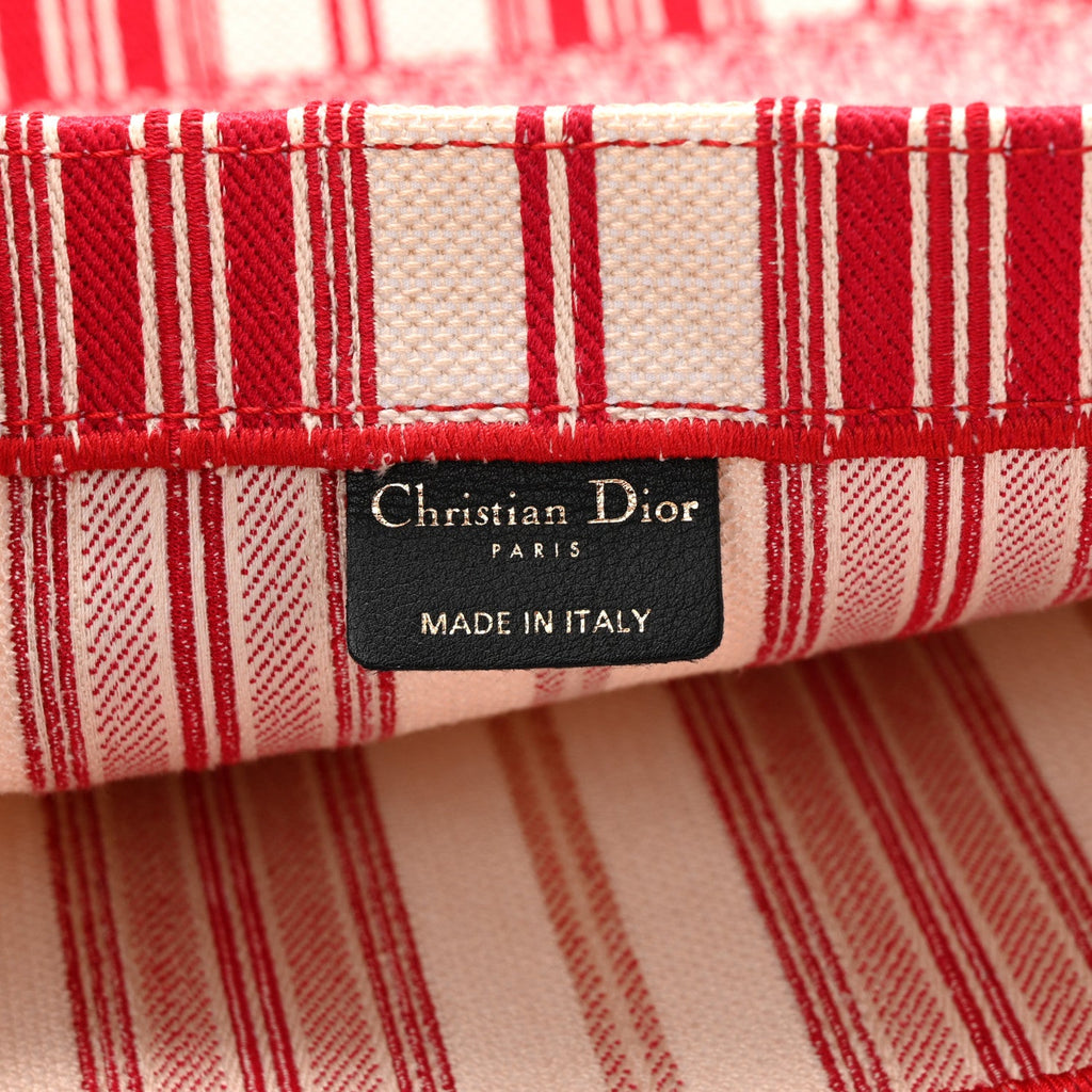 Christian Dior Canvas Embroidered Mykonos Large Striped Book Tote Red