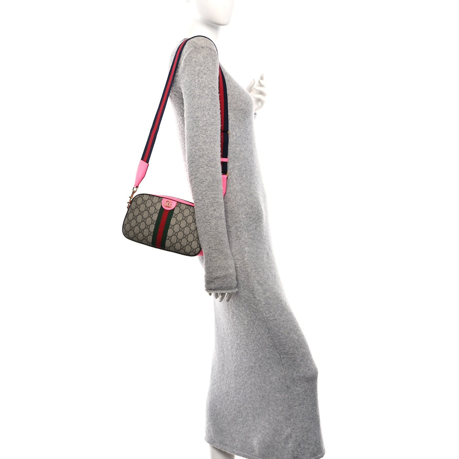 Gucci GG Supreme Monogram Textured Dollar Calfskin Web Ophidia Small Crossbody Bag Beige Ebony Fuchsia