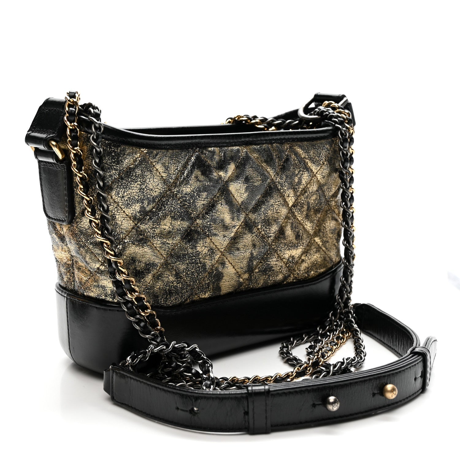 Chanel Metallic Crumpled Goatskin Quilted Small Gabrielle Hobo Black Gold