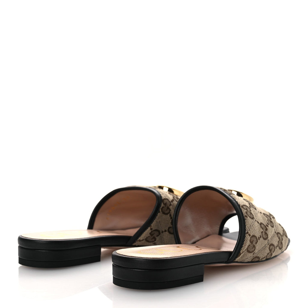 Gucci Monogram Matelasse Diagonal GG Marmont Flat Slide Sandals 35 Beige Ebony Black
