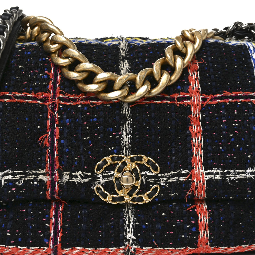Chanel Tweed Quilted Large Chanel 19 Flap Black Orange Blue