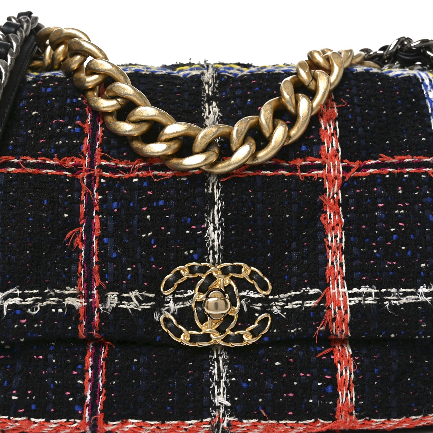 Chanel Tweed Quilted Large Chanel 19 Flap Black Orange Blue