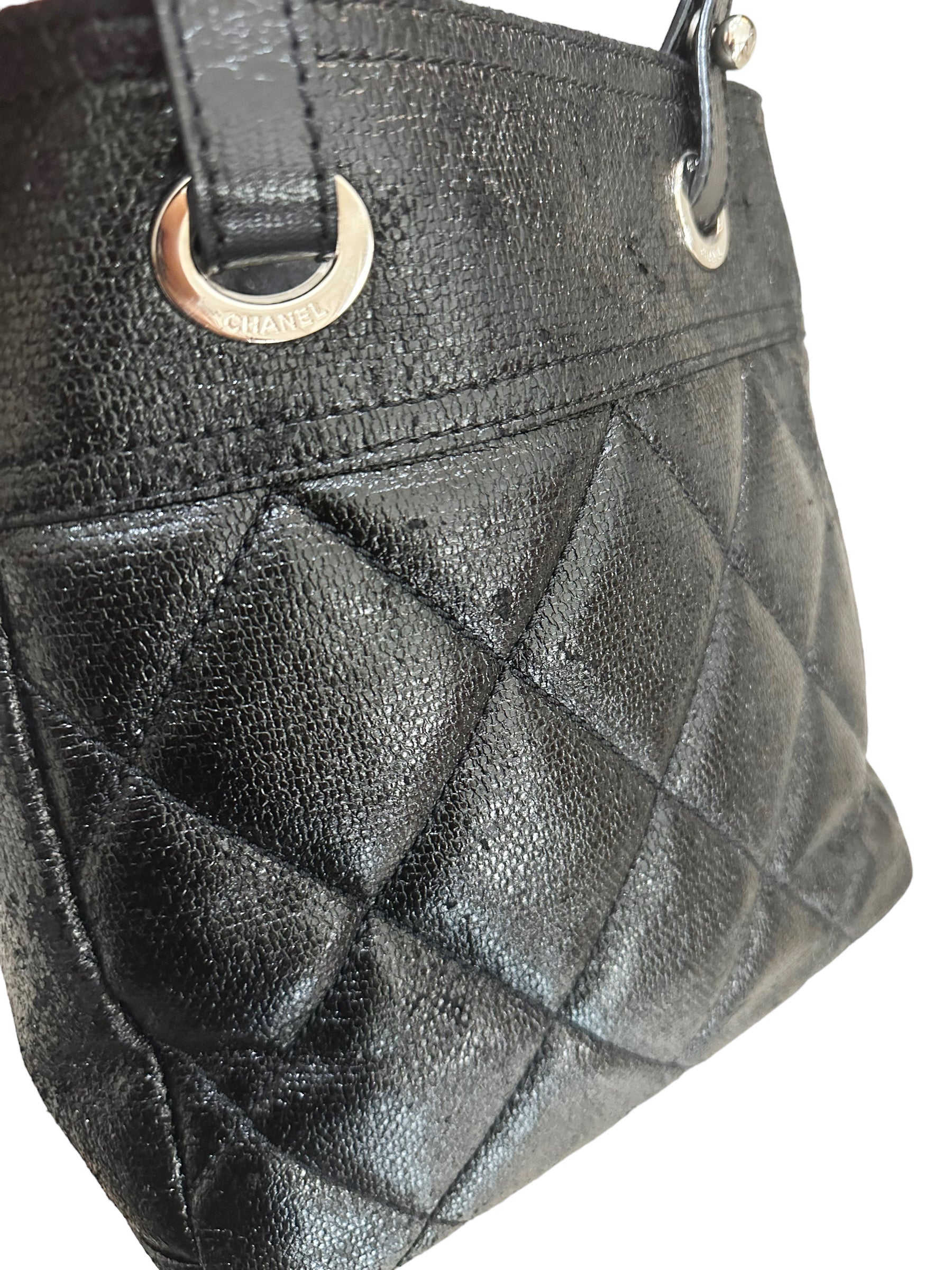 CHANEL Paris Biarritz Tote Black Coated Canvas Leather Small Tote Bag Black