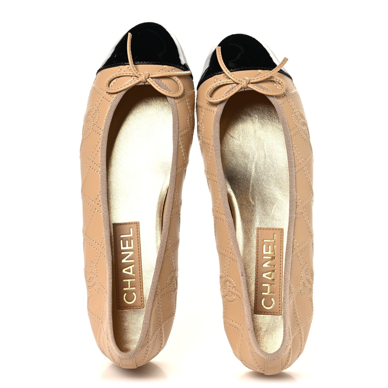 Lambskin Patent Double Stitched CC Cap Toe Ballerina Flats 39.5 Beige Black
