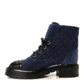 Chanel Shiny Calfskin Velvet Quilted Lace Up Combat Boots 37 Blue