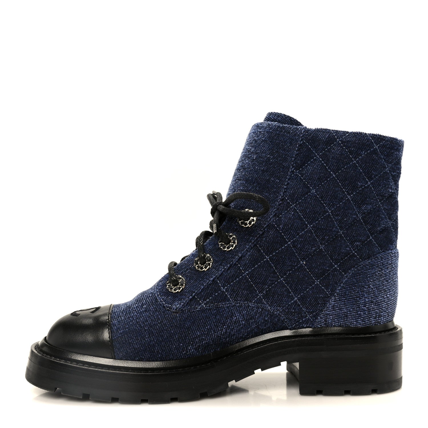 Chanel Shiny Calfskin Velvet Quilted Lace Up Combat Boots 37 Blue