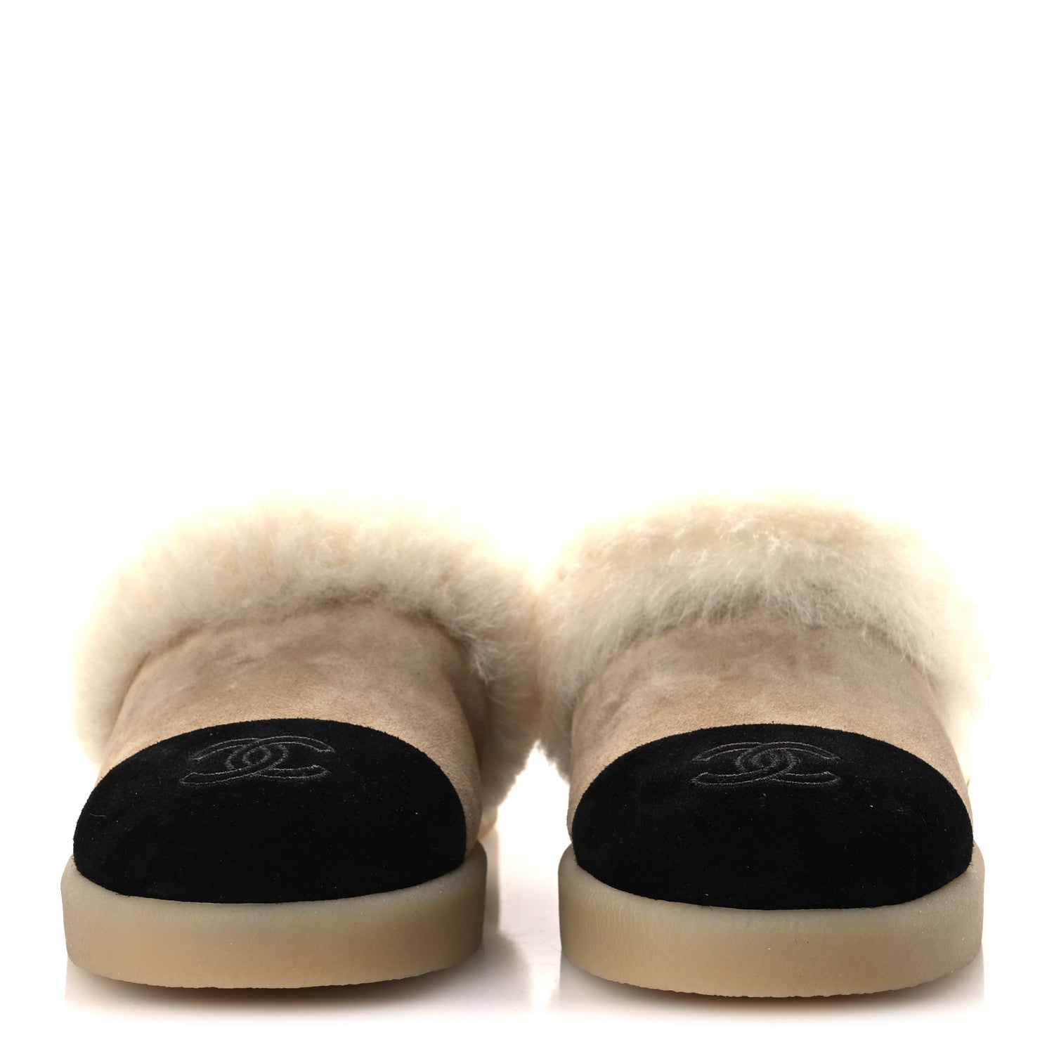 Chanel Suede Shearling CC Cap Toe Mules 39 Beige Black