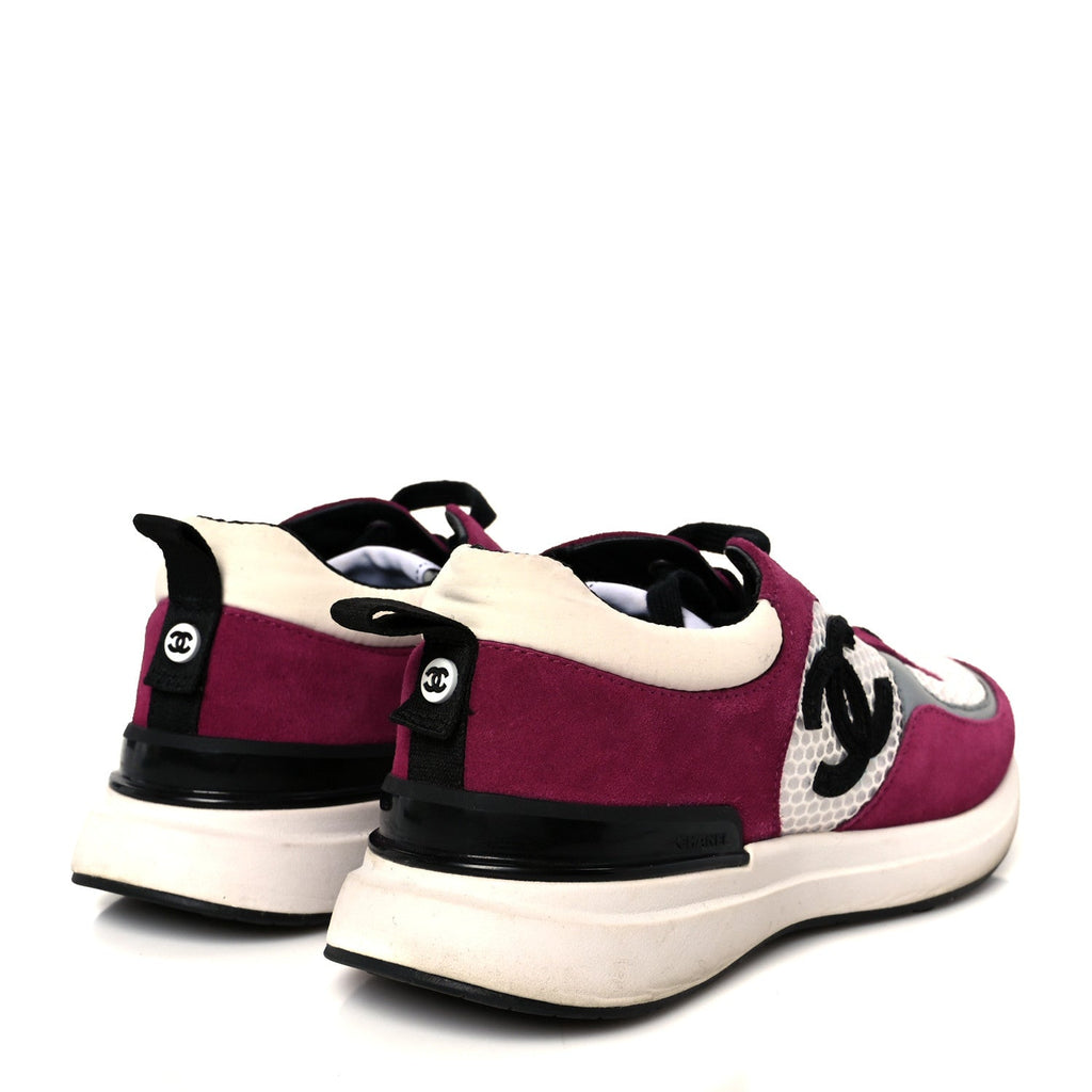 Mesh Suede Calfskin Womens CC Sneakers 38 White Dark Pink Grey