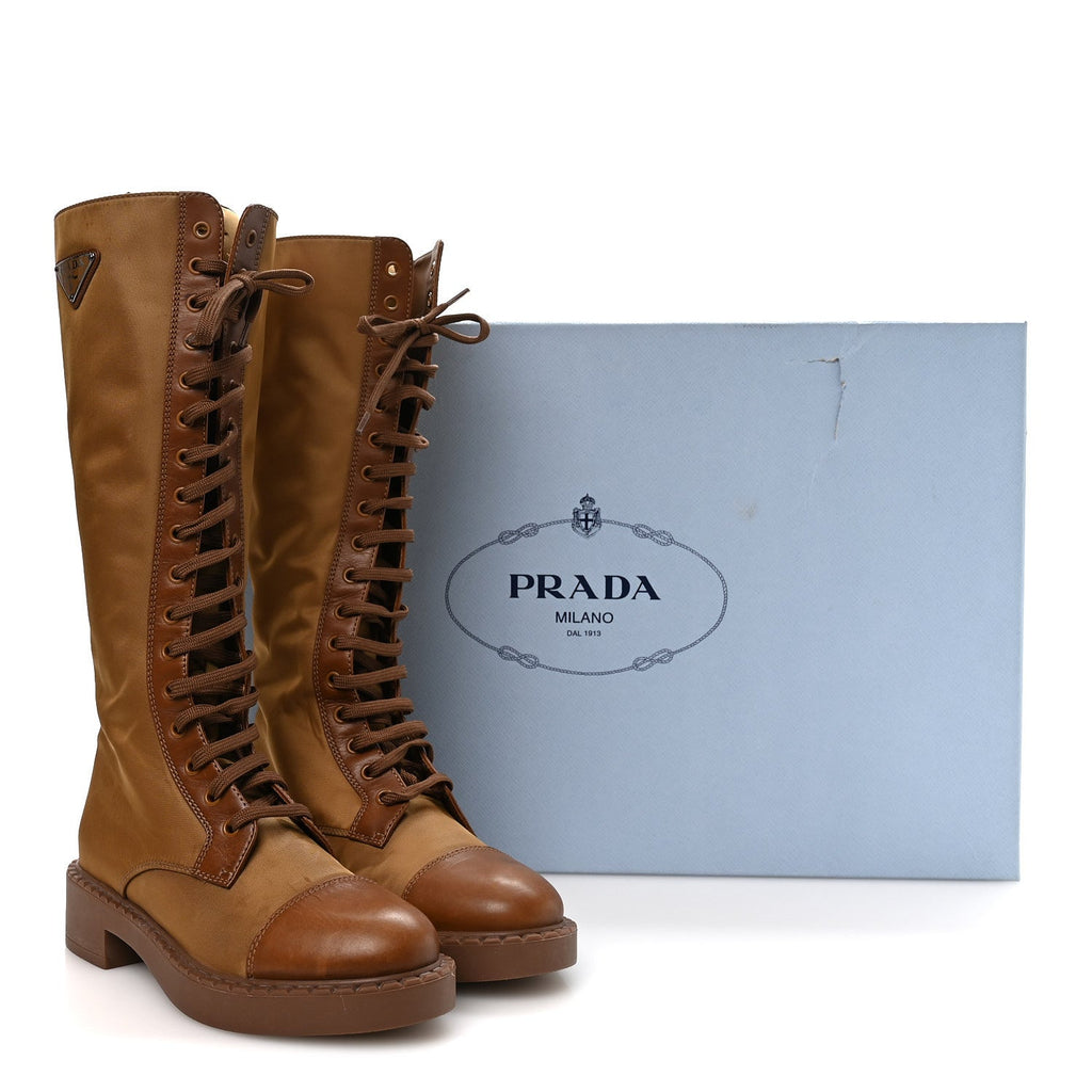 Prada Re-Nylon Spazzolato Rois Metal Triangle Logo Tall 50mm Combat Boots 35.5 Tobacco Brown