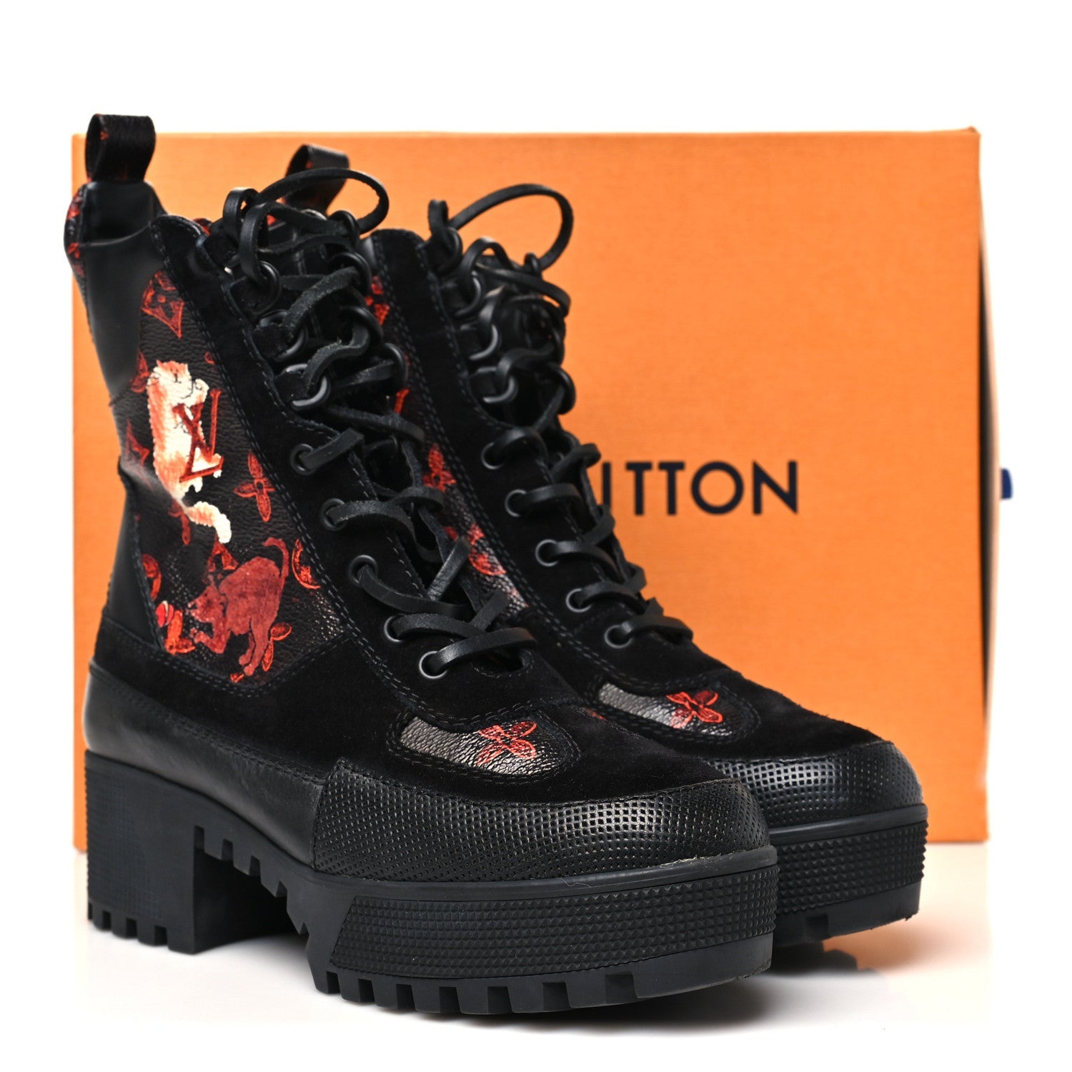 Louis Vuitton Suede Calfskin Catogram Laureate Platform Desert Boots 37 Black Marron