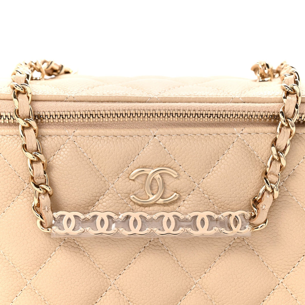 Chanel Caviar Quilted Small Tiny CC Vanity Case With Chain Beige