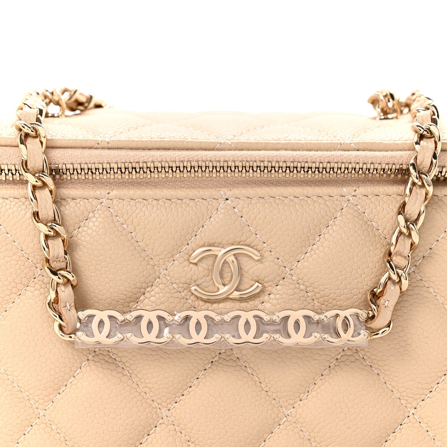 Chanel Caviar Quilted Small Tiny CC Vanity Case With Chain Beige