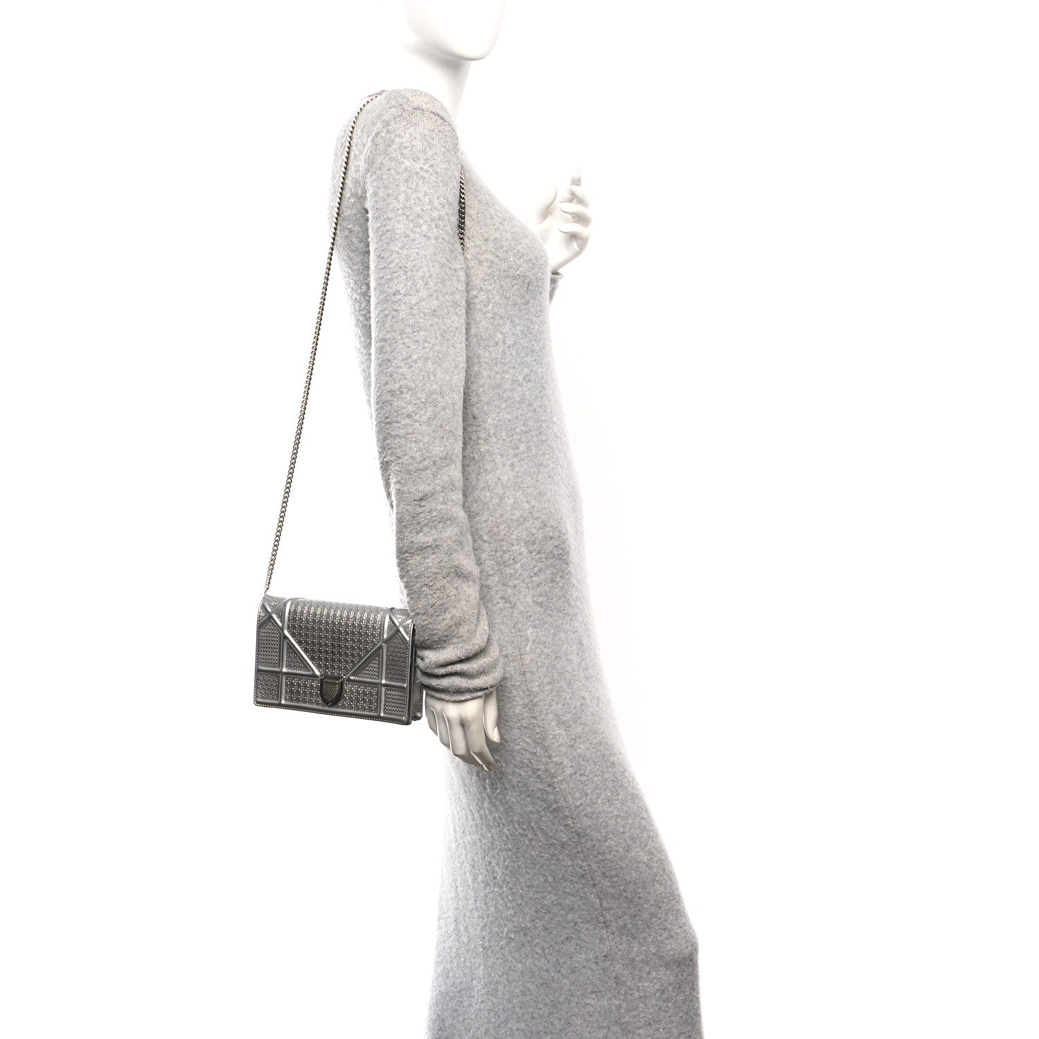 Christian Dior Metallic Patent Micro-Cannage Diorama Wallet on Chain Pouch Silver