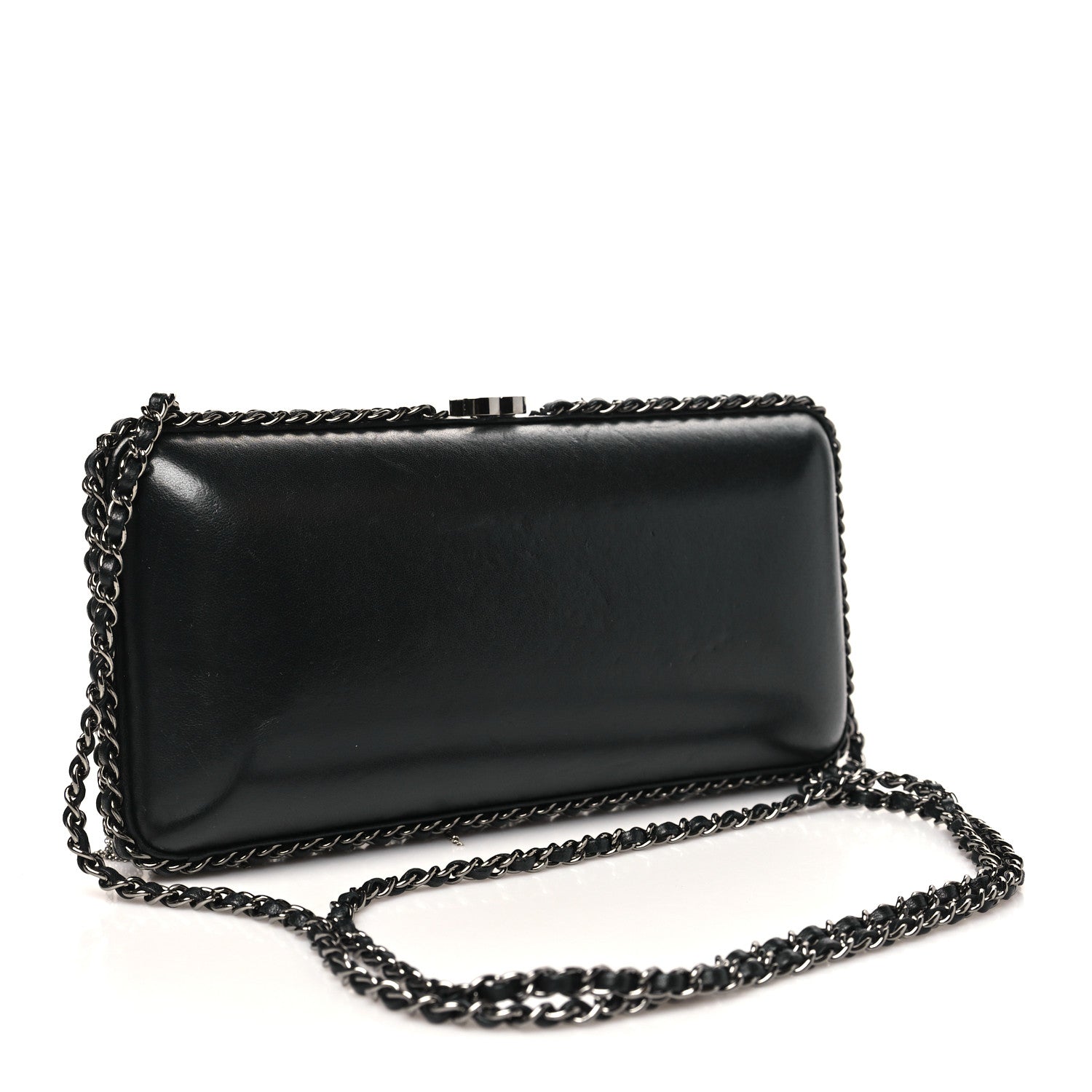 Chanel Lambskin Chain Fringe Clutch With Chain  Black