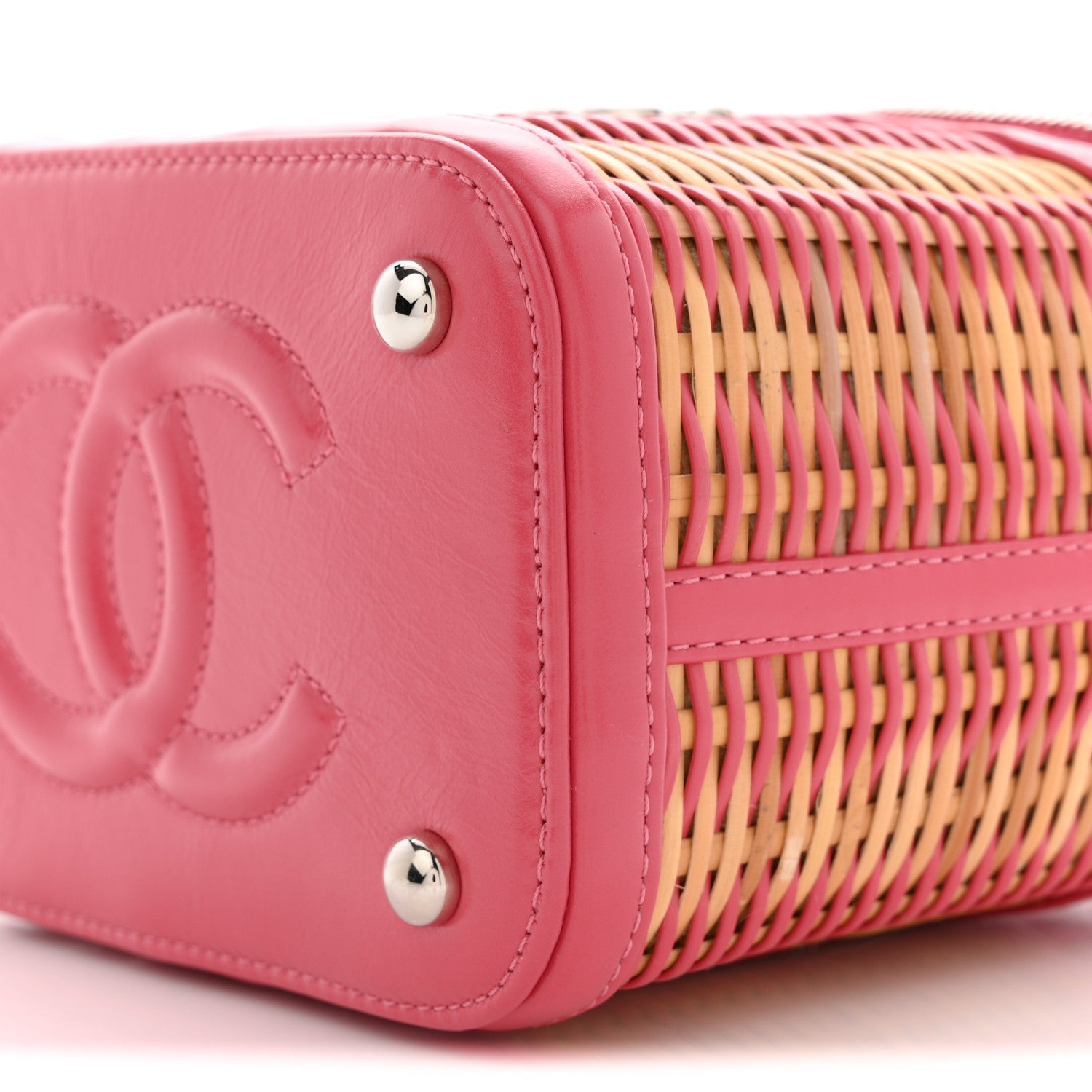 Chanel Calfskin Raffia Small Take Away Vanity Case Bag Pink Beige